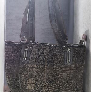 Croc-Embossed Black Leather Tote with Exterior Zip Pocket